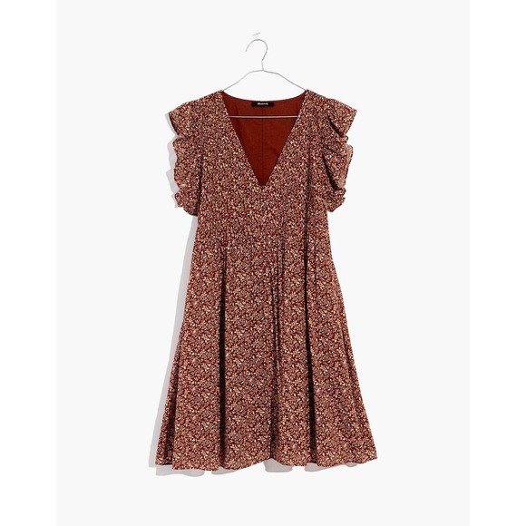 Madewell Dresses & Skirts - Madewell Floral Smocked Mini Dress Women Small Brown Flutter Sleeve Pockets